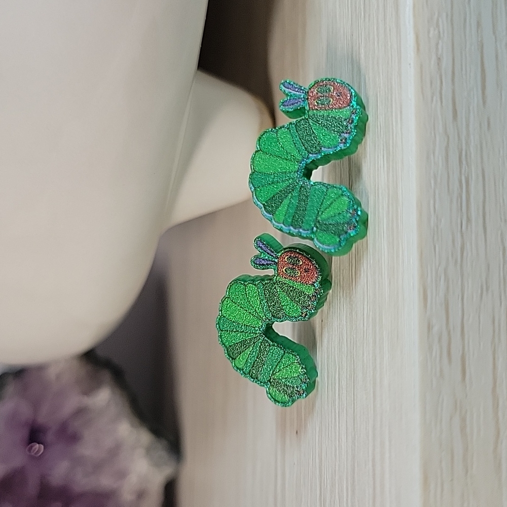 The Very Hungry Caterpillar Stud Earrings, handmade - Picture 5 of 7